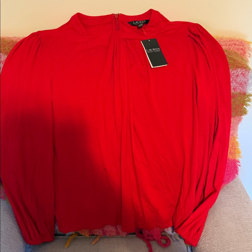NWT Lauren Ralph Lauren Vibrant Red Long-Sleeve Pleated Blouse